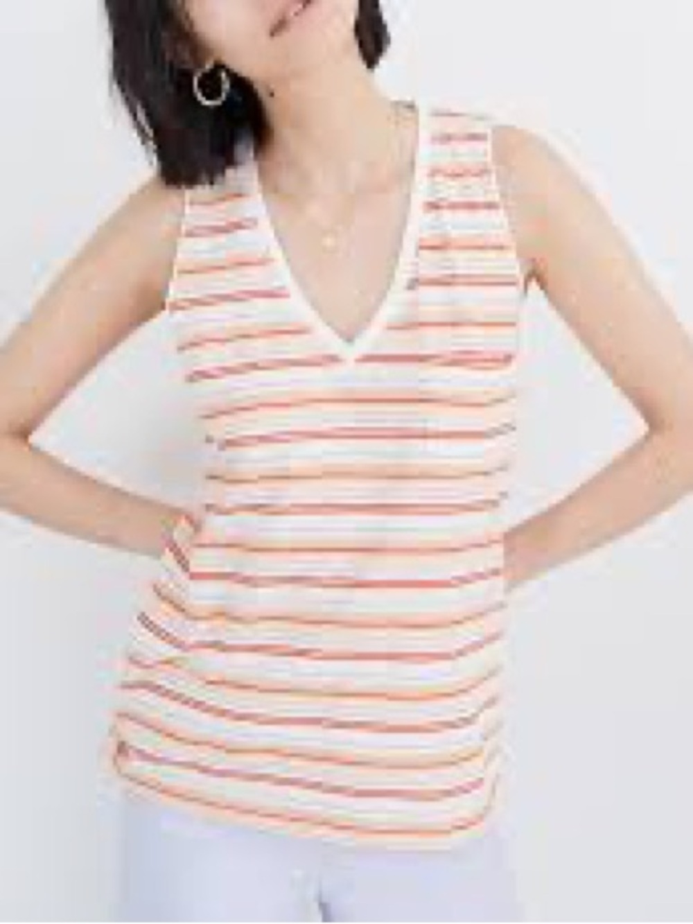 Madewell Whisper V-Neck Sleeveless Knit Tank - White with Orange & Red Stripes